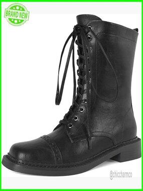 Mid Calf Combat Boots Chunky Low Heel Lace Up Side Zipper Square Toe